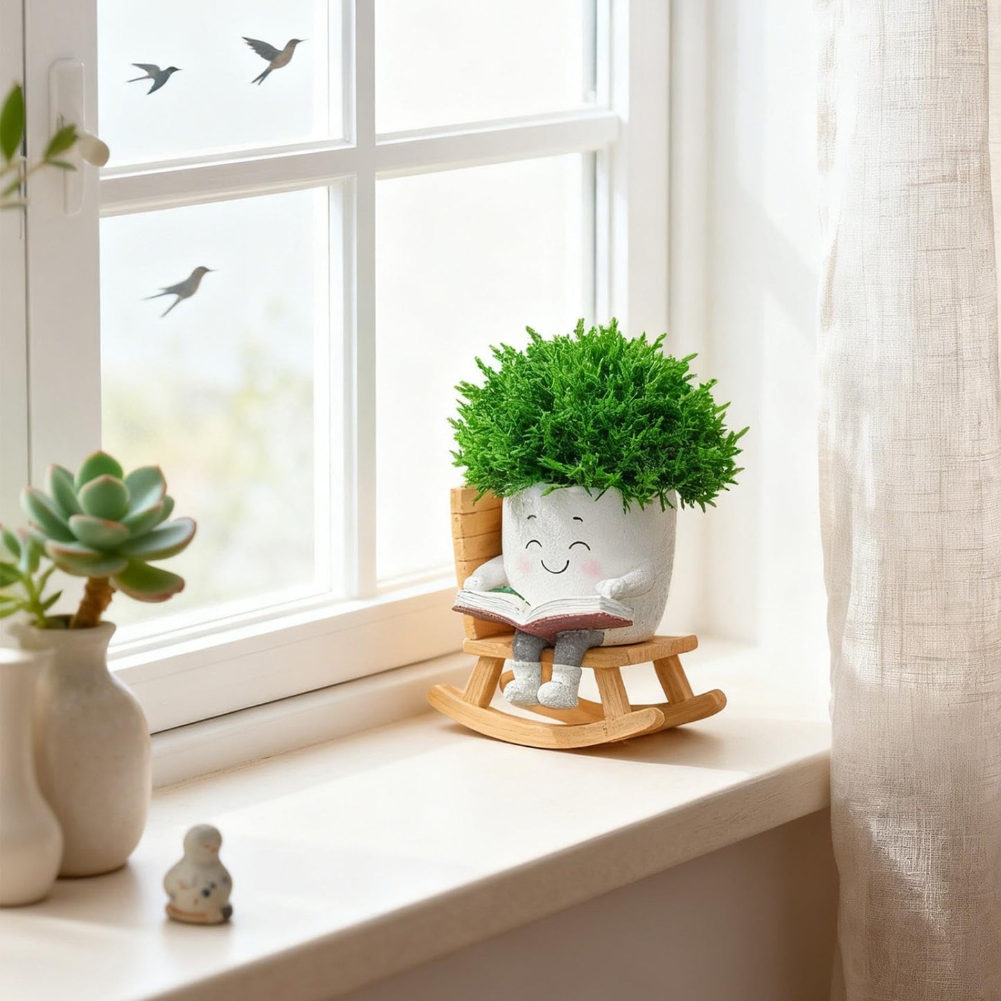 Rocking Chair Smily Face Planter with Drainage Hole, Small Plants Resin Succulent Planter Indoor Outdoor Decor for Desk Balcony Garden (White B)