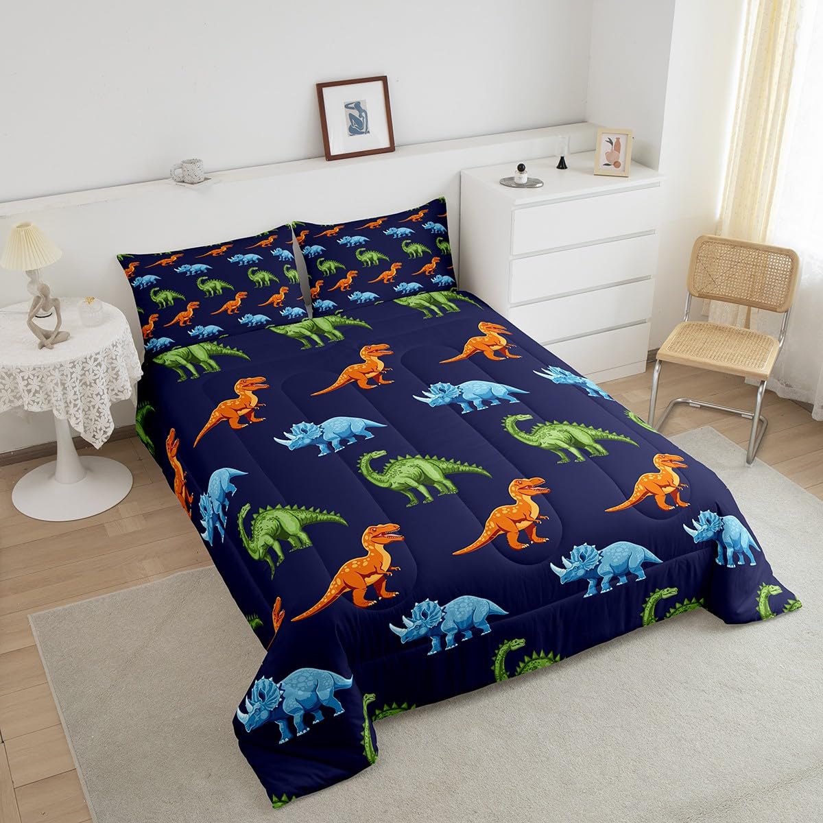 Cartoon Dinosaur Bedding Set Full, Dark Blue Dinosaur Comforter Set for Kids Dinosaurs Print Comforter Boys Girls Jungle Dino Duvet Set Breathable Bedroom Decor with 2 Pillow Case