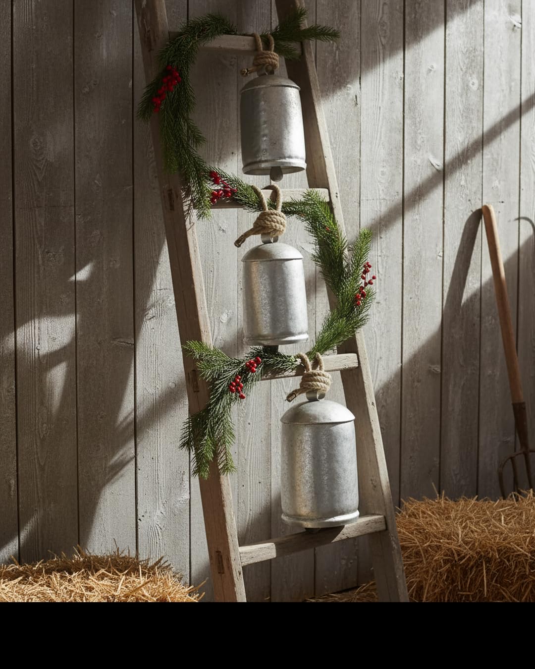 Christmas Cow Bells Harmony Giant Vintage Silver Wall Hanging Bells Country Style Rustic Set of 3 (4", 5", 8")