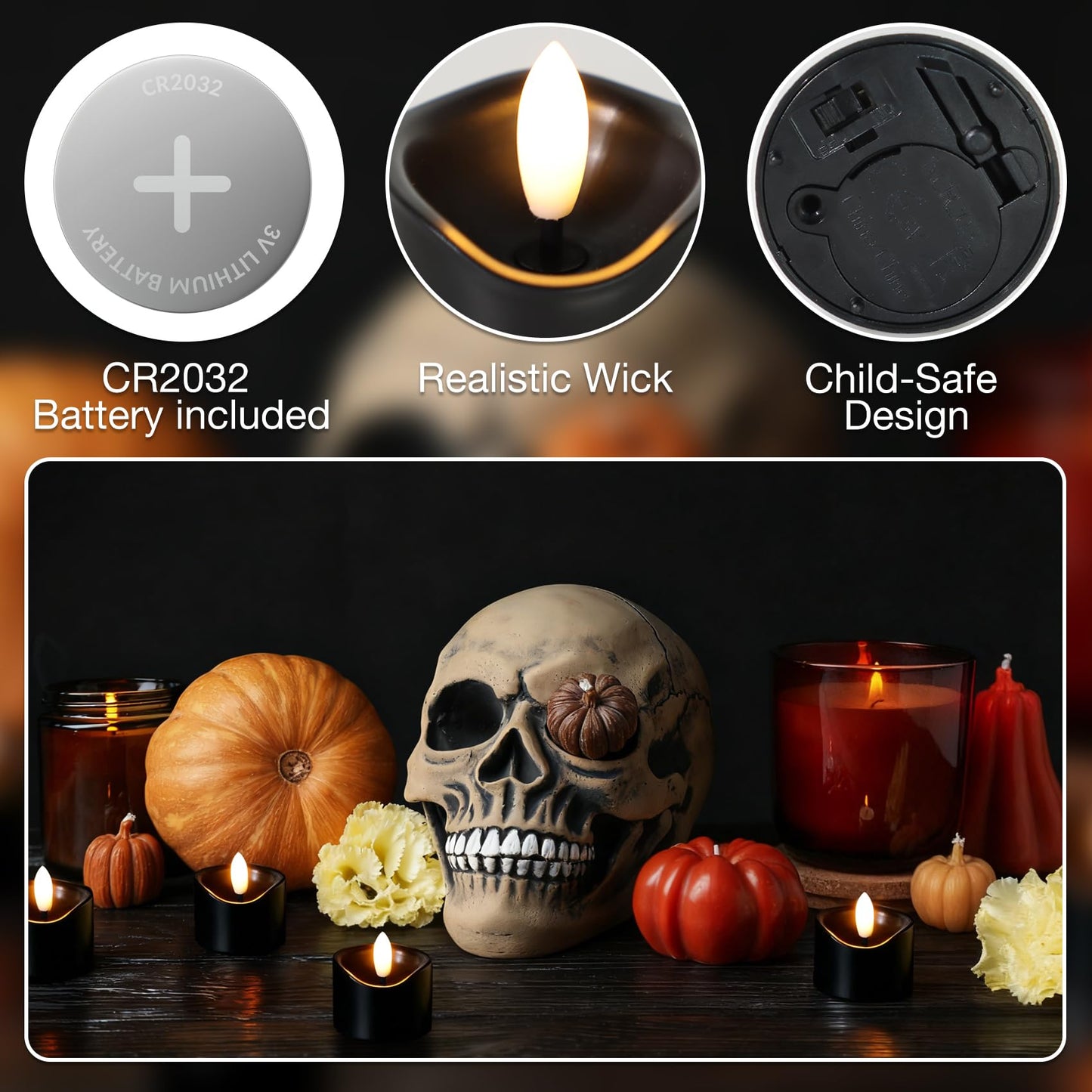 7LinRay 48 Pack Black Flameless Tealight Candles, Battery Operated Tea Lights Realistic Flickering LED Votive Candles for Wedding, Halloween, Party, Home Decor