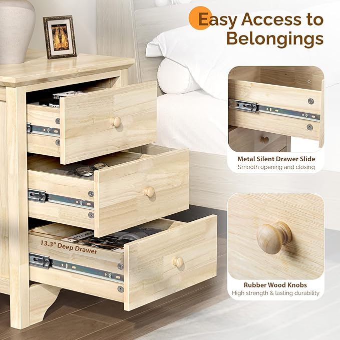 Bonnlo Solid Wood Nightstand Unfinished