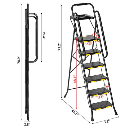 Urackify 6 Step Ladder with Tool Platform, Folding Step Stool with Handrails, Sturdy Steel Ladder with Wide Pedal, 800 LBS Portable Safety Ladder for Painting Home Outdoor Garage