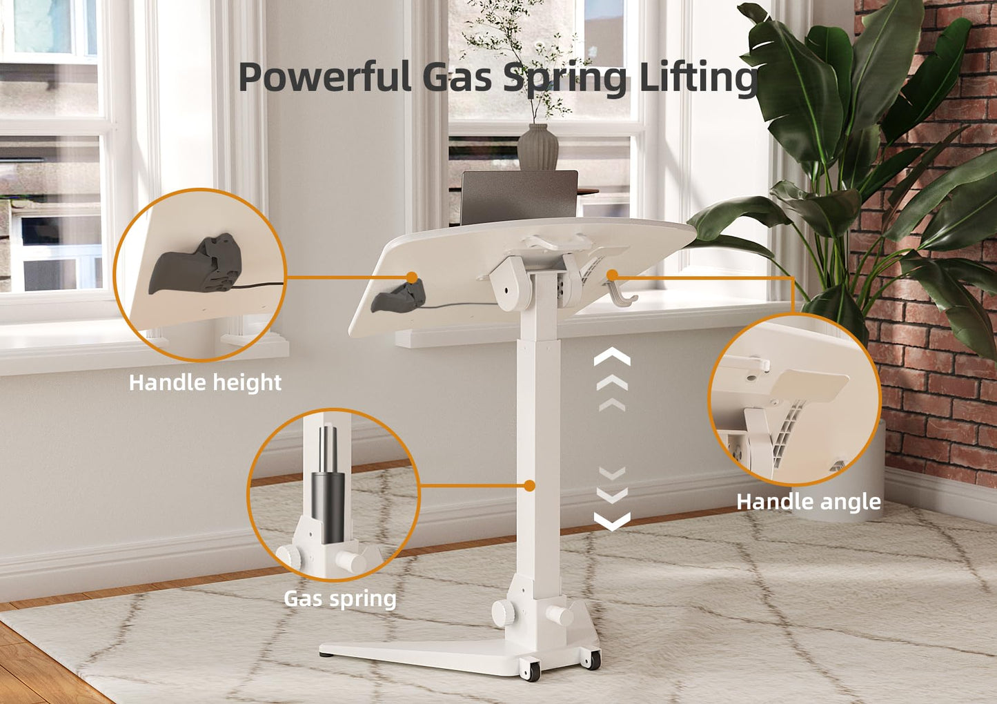 Claiks Mobile Standing Desk, Portable Rolling Workstation With Wheels, Pneumatic Height Adjustable Sit-Stand With 90 Tiltable, Foldable Non-Slip Computer Stand, White