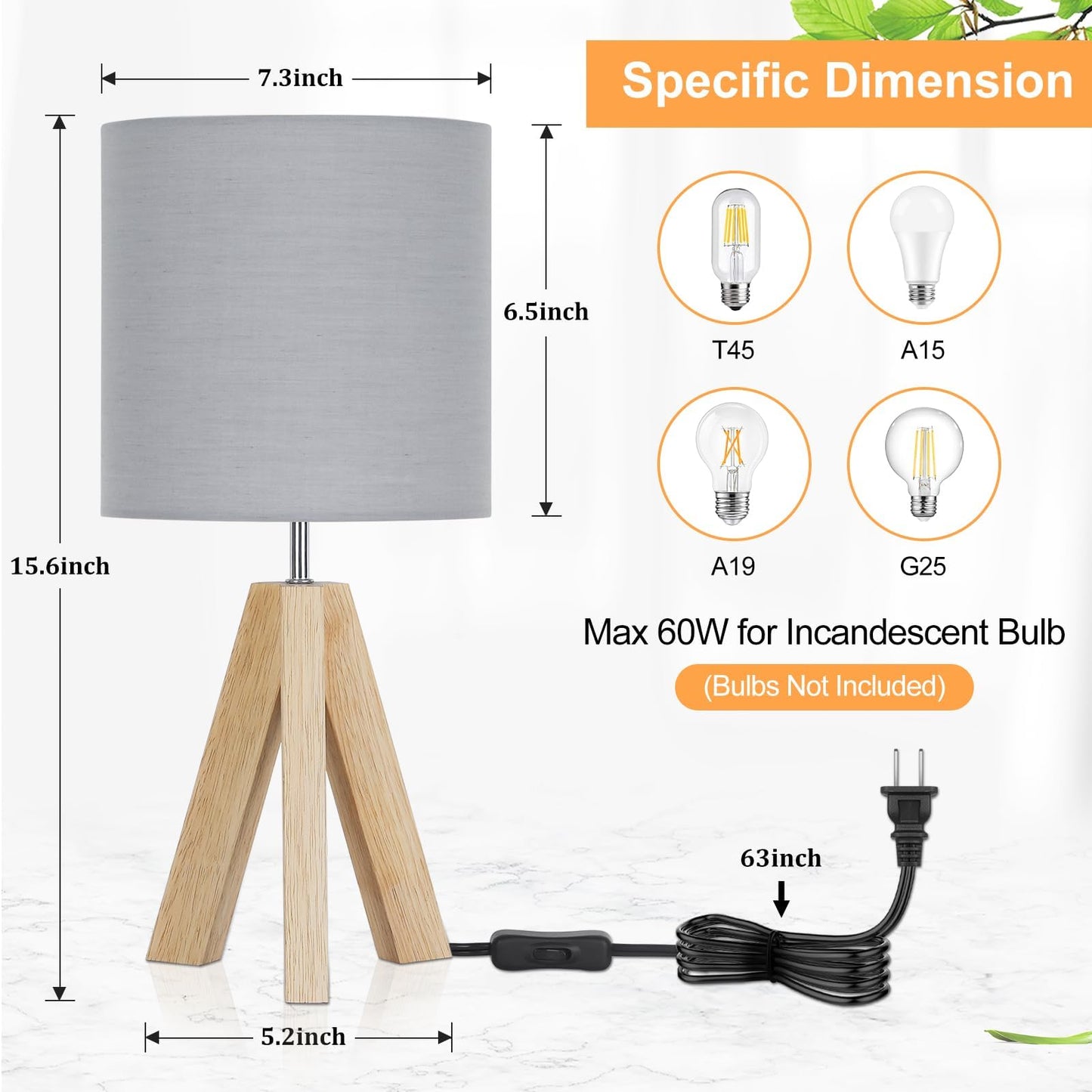 Brightever Small Bedside Table Lamp, Wooden Tripod Modern Table Lamp with Grey Linen Fabric Shade, Farmhouse Nightstand Lamp for Living Room, Bedroom, Home, Nursery, Office