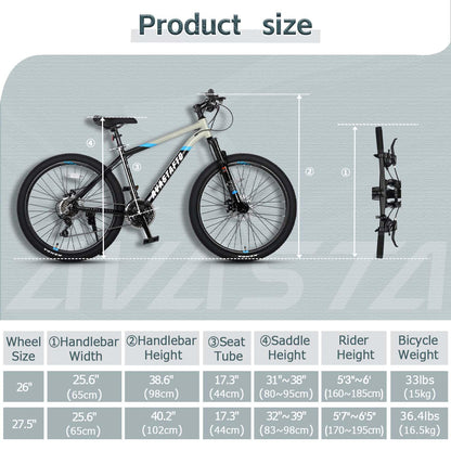 AVASTA 26-inch Mountain Bike for Man Male and Woman Female Adult with Lightweight Aluminum Alloy Frame and Dual Disc Brakes,Front Suspension,21-Speed Gear Shifters,Hidden Brake Cables,Grey