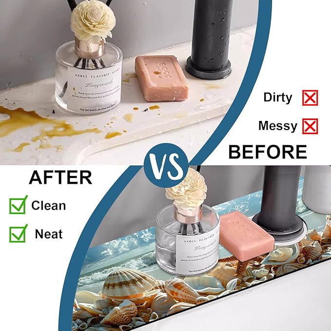 Beach Sink Splash Guard Shells Starfish Waves Faucet Absorbing Mat Fast Drying