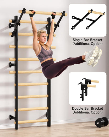 Cofiyard Swedish Ladder Wall Gym, Wooden Wall-Mounted Stall Bars with Pull-up Bar & Exercise Straps & Dip Bars, Stretching Ladder Full Body Home Gym Adults New