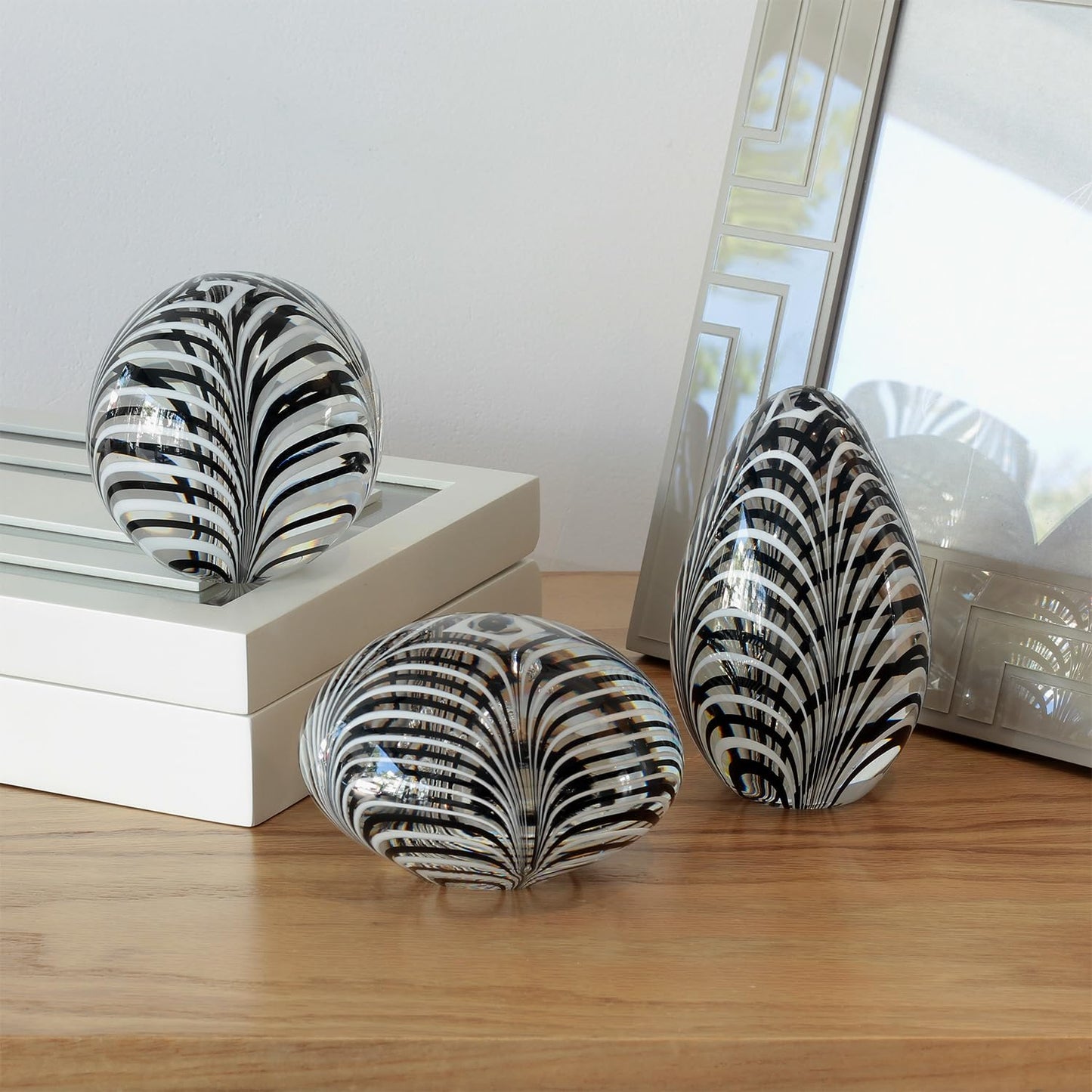 Ca D Oro Ball Glass Paperweight Black and White Feather Pattern Hand Blown Murano-Style Art Glass