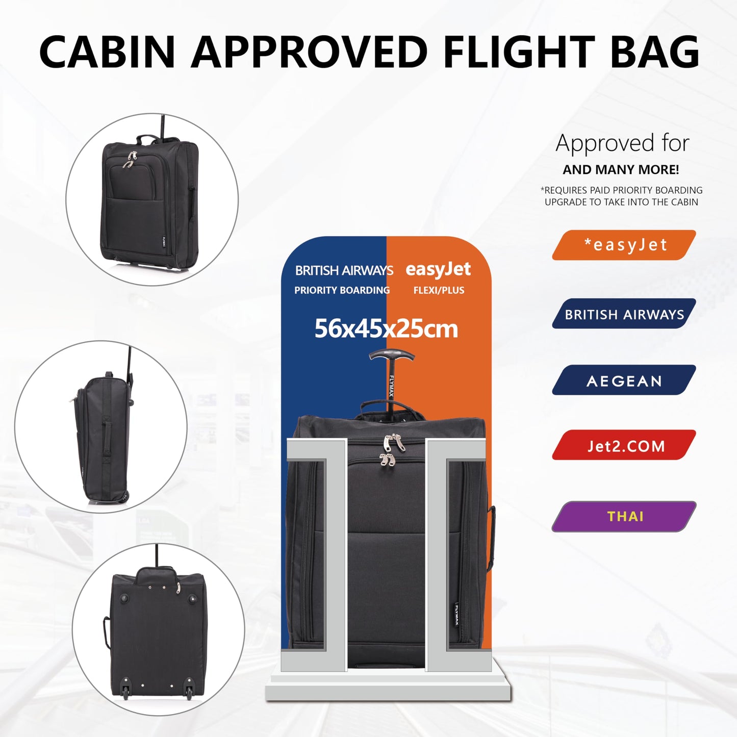 56x45x25 Easyjet Cabin Bag Hand Luggage Approved Cabin Case Lightweight Suitcase Also Approved for BA Jet 2 1.5kg 57L Black