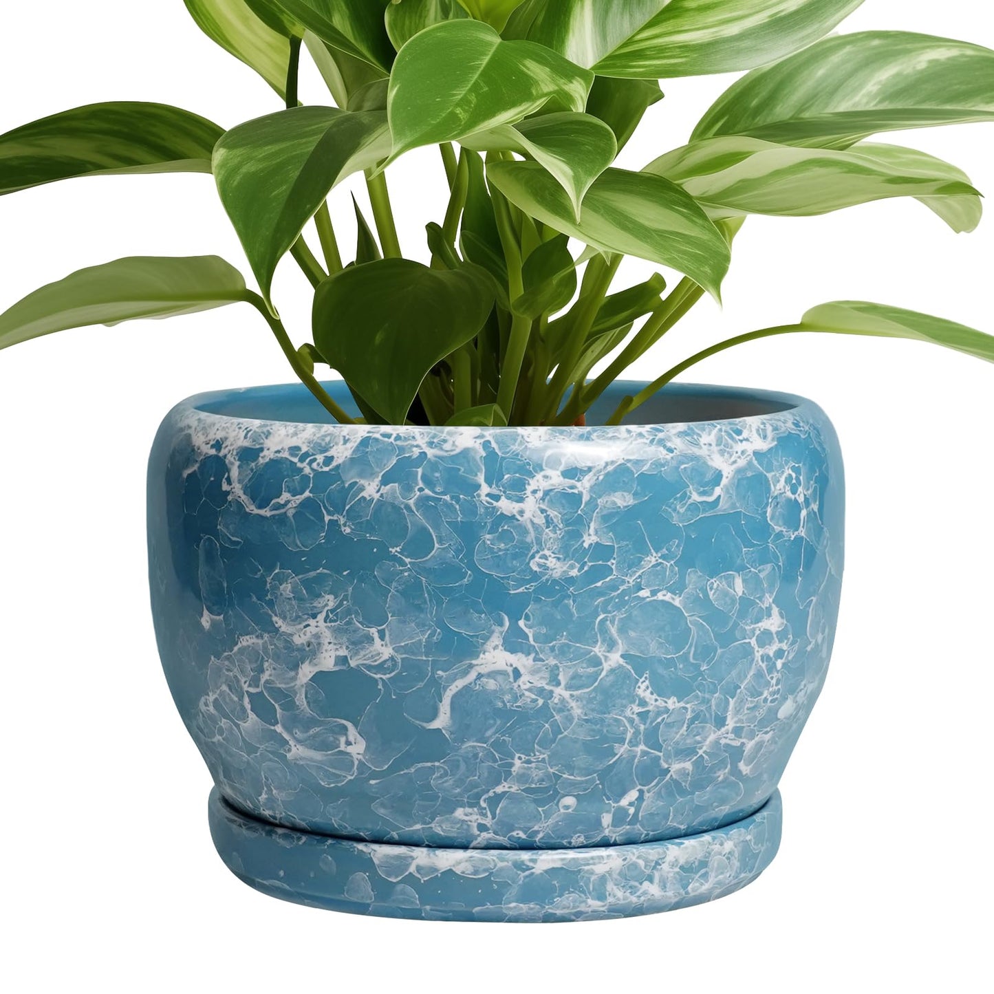 SQOWL Ceramic Pots for Plants - 8 Inch Ceramic Planter for Indoor Outdoor, Decorative Flower Pot with Drainage Hole and Saucer, Round Planter, Home Living Room Bathroom Decor, Plant Lover Gifts, Blue