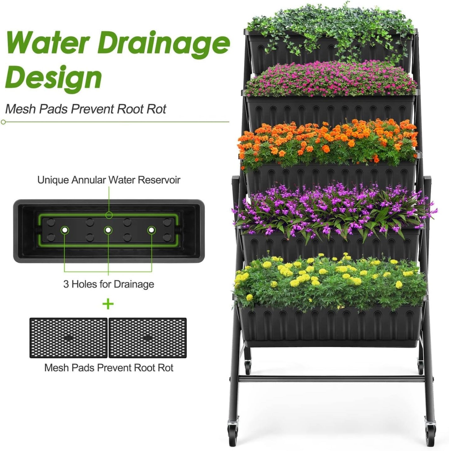 SEJOV 2 Pack Vertical Raised Garden Bed, 5-Tier Vertical Garden Planter with Drainage System, Larger Elevated Planter Box for Herbs Vegetables Flowers Indoor Outdoor (Black with Lockable Wheels