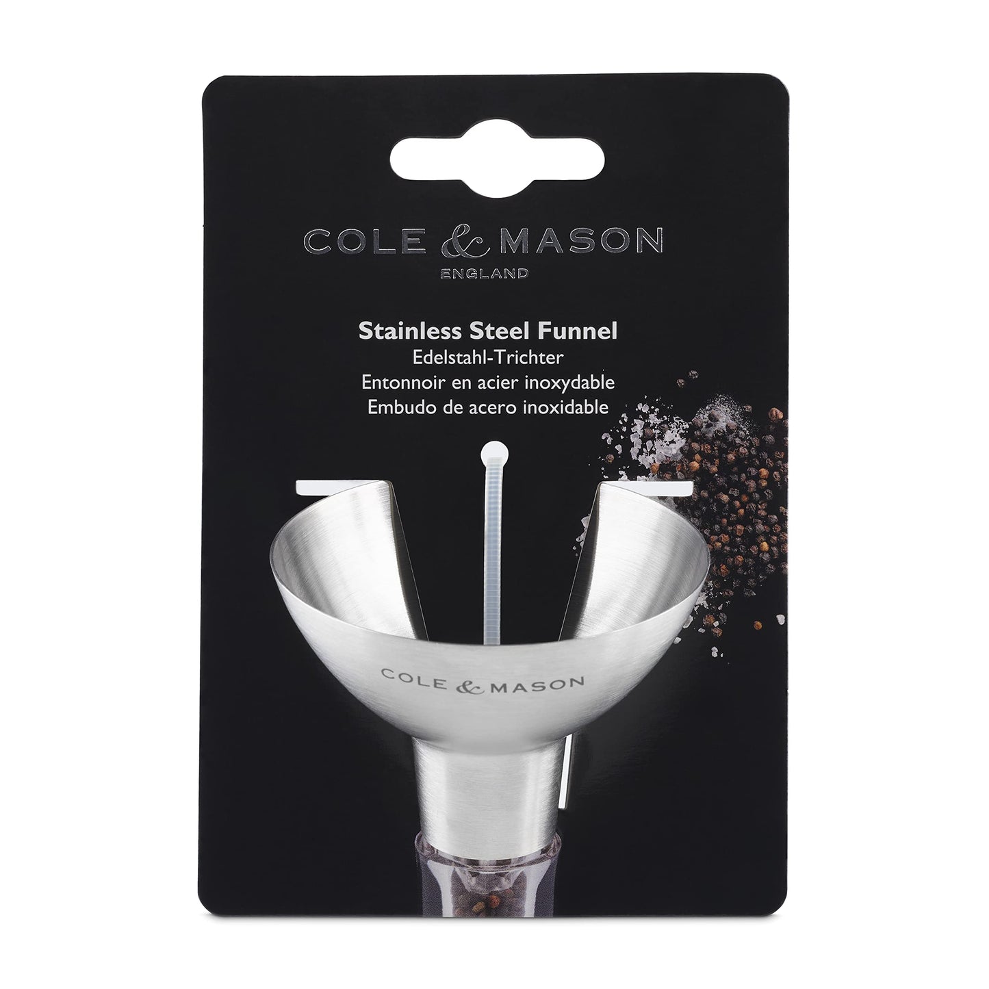 COLE & MASON Stainless Steel Salt and Pepper Funnel - Versatile Small Funnel for Filling Spice Jars and Other Kitchen Essentials - Convenient Funnels for Kitchen Use Filling Bottles - Metal Funnel