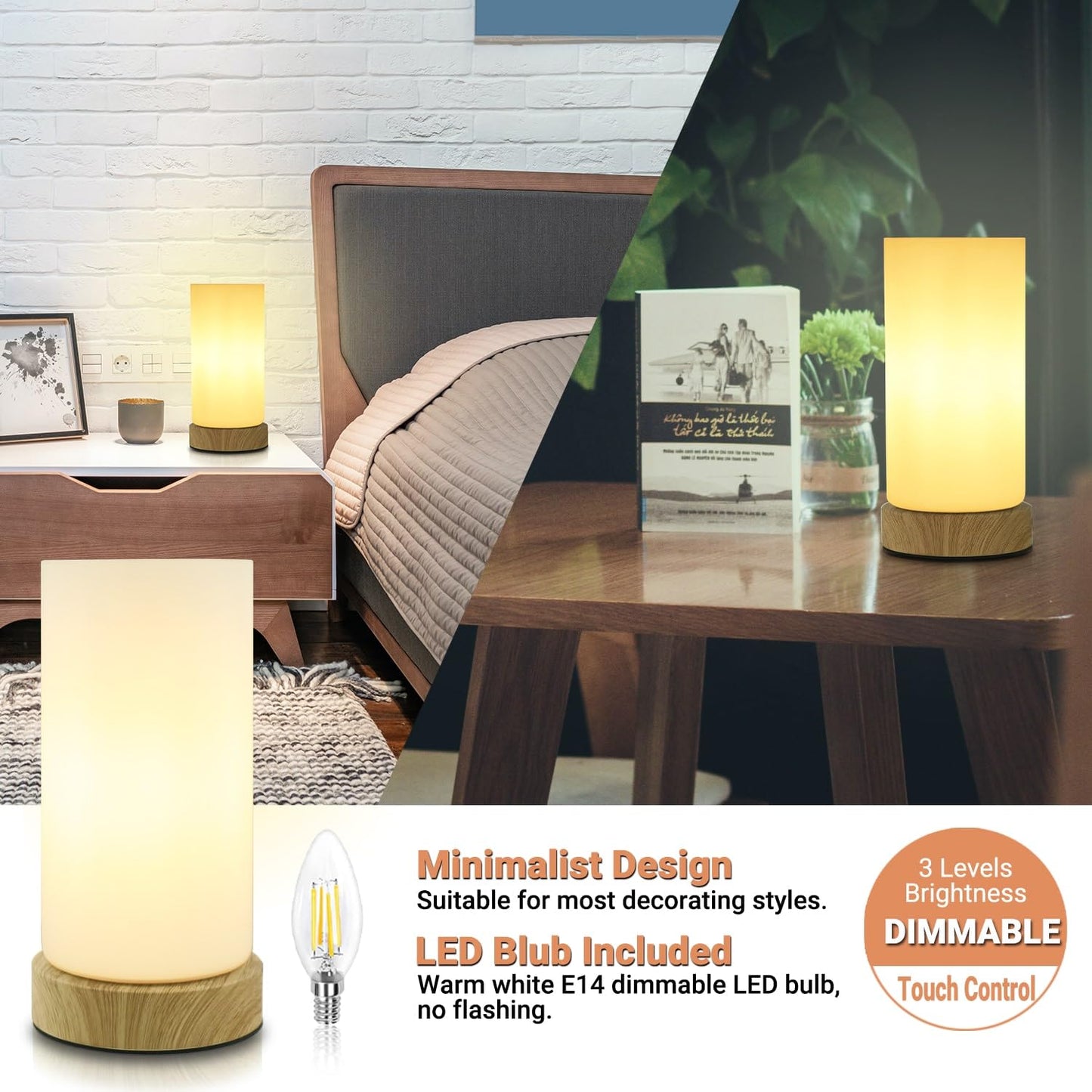 HSLighting Bedside Lamps, Touch Control Glass Table Lamp 3-Way Dimmable Wooden Grained Base Small Touch Lamps Bedside Minimalist Nightstand for Living Room Bedroom Children Room Decor with LED Bulb