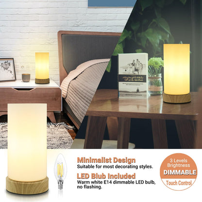 HSLighting Bedside Lamps, Touch Control Glass Table Lamp 3-Way Dimmable Wooden Grained Base Small Touch Lamps Bedside Minimalist Nightstand for Living Room Bedroom Children Room Decor with LED Bulb