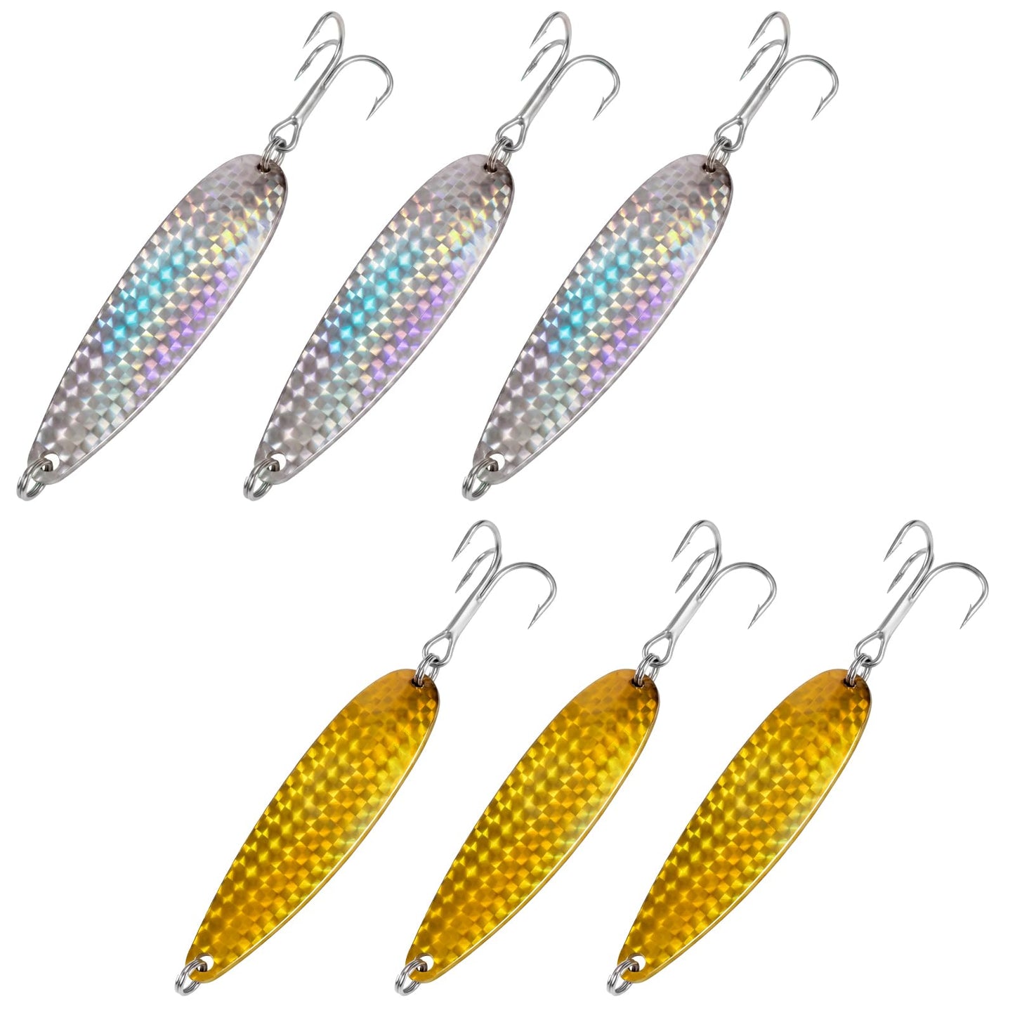 Soulchen 6 Pcs Crocodile Fishing Spoons with Heavy Duty Treble Hooks Saltwater Freshwater Fishing Lures Spoons for Tuna Bass Salmon Trout Walleye Pompano Mackerel Bluefish Casting (Gold，Silver,3 oz)