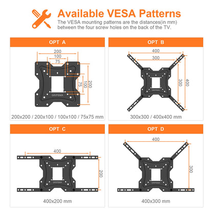 GRIFEMA GB1004 Swivel TV Wall Bracket for 26-55 inch, up to 30KG, Tilt Extendable TV Wall Mount for Flat & Curved Screen, Max Vesa 400X400MM