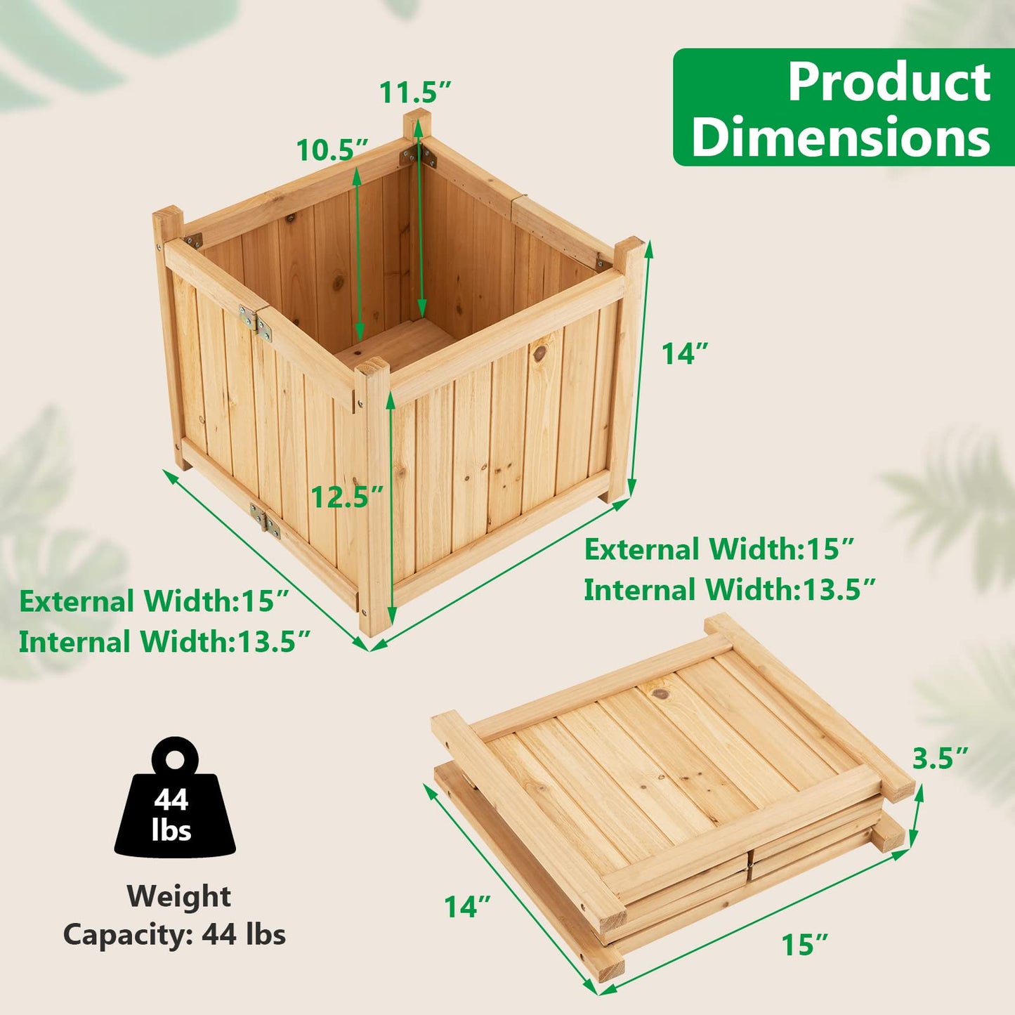 Giantex 15” Planter Raised Garden Bed - Wooden Planting Box, Outdoor Folding Square Planter w/Removable Bottom, Premium Drainage System for Herbs, Fruits, Flowers, Succulents, Simple Assembly