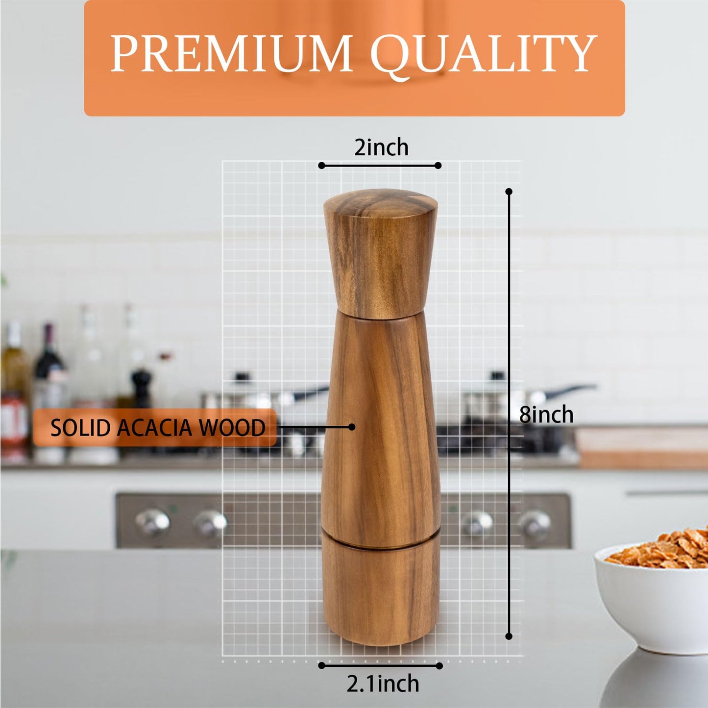 Pepper Grinder, VanlonPro Wooden Pepper Mill Salt Mill, 8 inch tall, Adjustable Coarseness Peppermill and easily refillable, Ceramic Grinding Mechanism