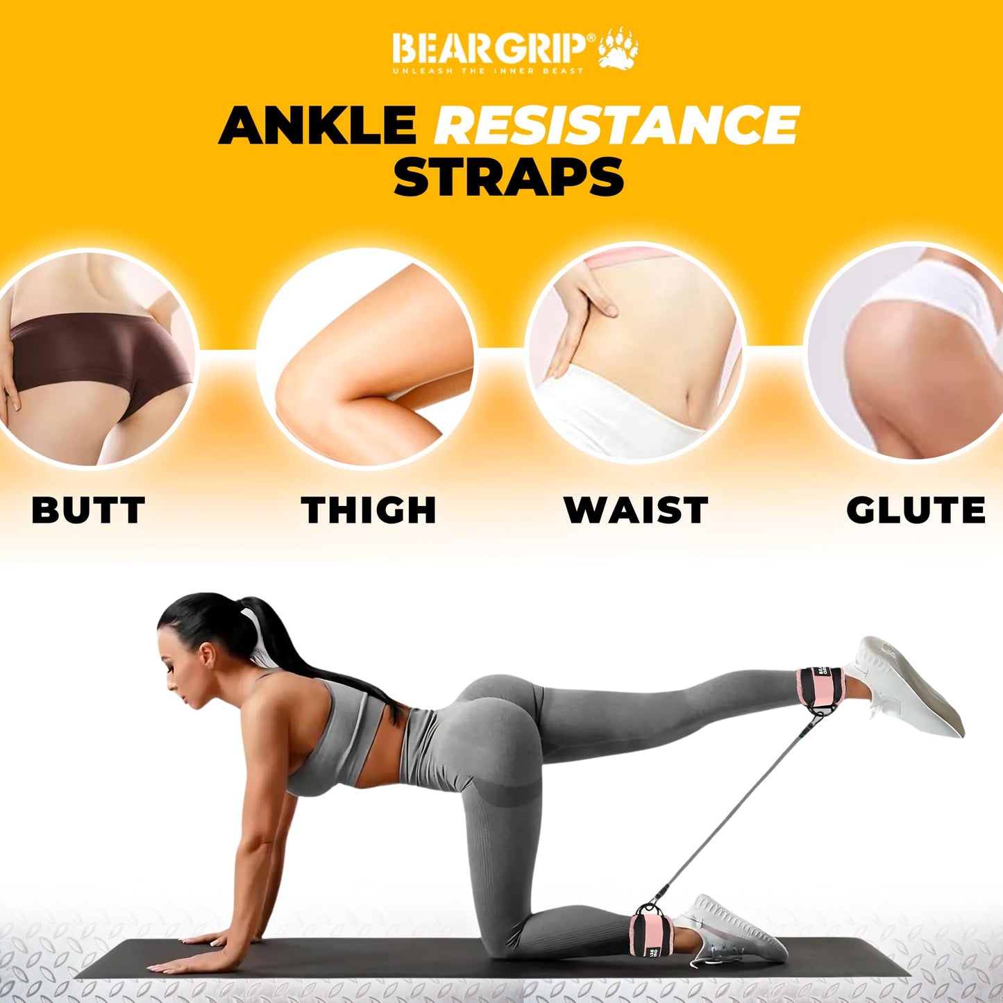 BEAR GRIP Resistance Bands with Ankle Straps – Glute & Leg Workout Equipment, Booty Bands for Women, Exercise Band for Kickbacks, Hip Thrusts & Home Gym Fitness Equipment (Pink, Cables)