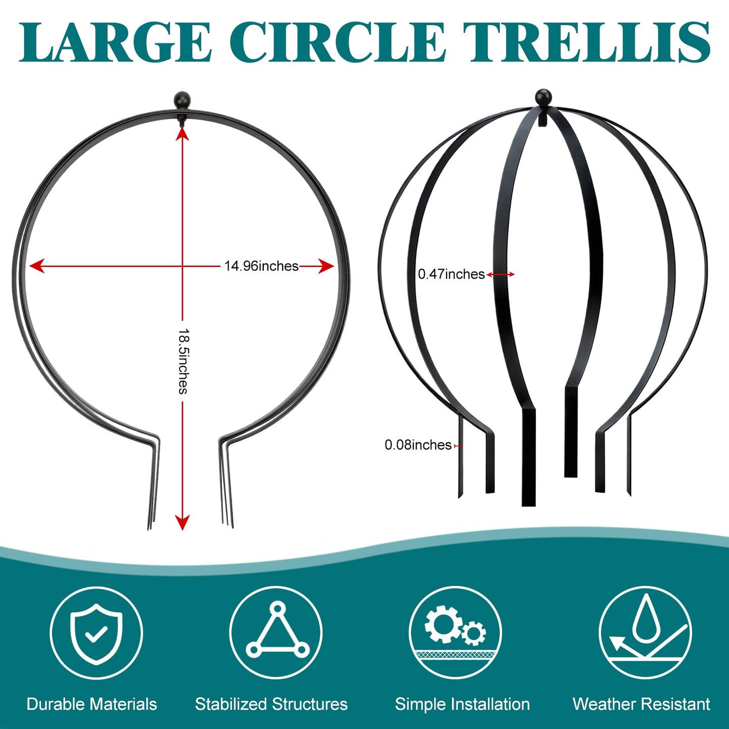 HEYTIMI 2 PCS Metal Garden Round Trellis for Climbing Plants, Large Black Powder Coated Obelisk for Roses, Vines, Flowers, Patio Doorway Garden Decor Indoor Outdoor, Easy Assembly (18.5" x 15'')