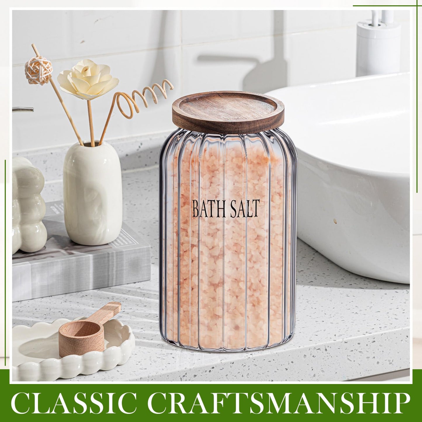Maxdot 94 oz Large Bath Salt Container Glass Bath Salt Jar with Wooden Lid and Scoop, Storage Canister Airtight Storage Bathtub Accessories for Women Bathroom Bath Decor