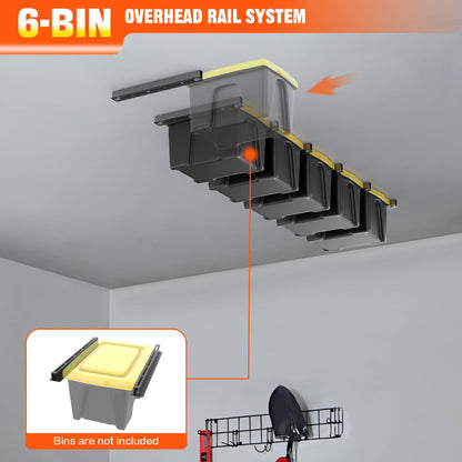 TORACK Garage Ceiling Bin Storage Rack, Adjustable Heavy Duty Overhead Tote Storage Rails(for 6 Bins, Bins are not included)