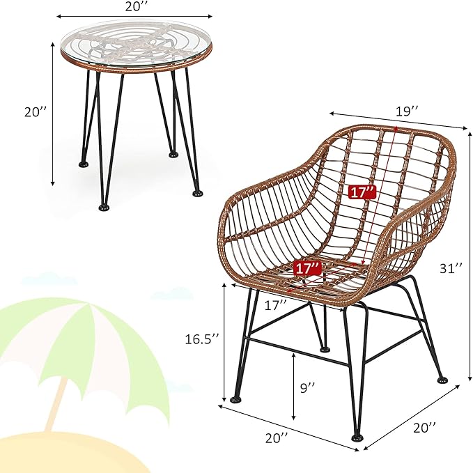 Tangkula 3 Pieces Patio Conversation Bistro Set, Outdoor Wicker Furniture