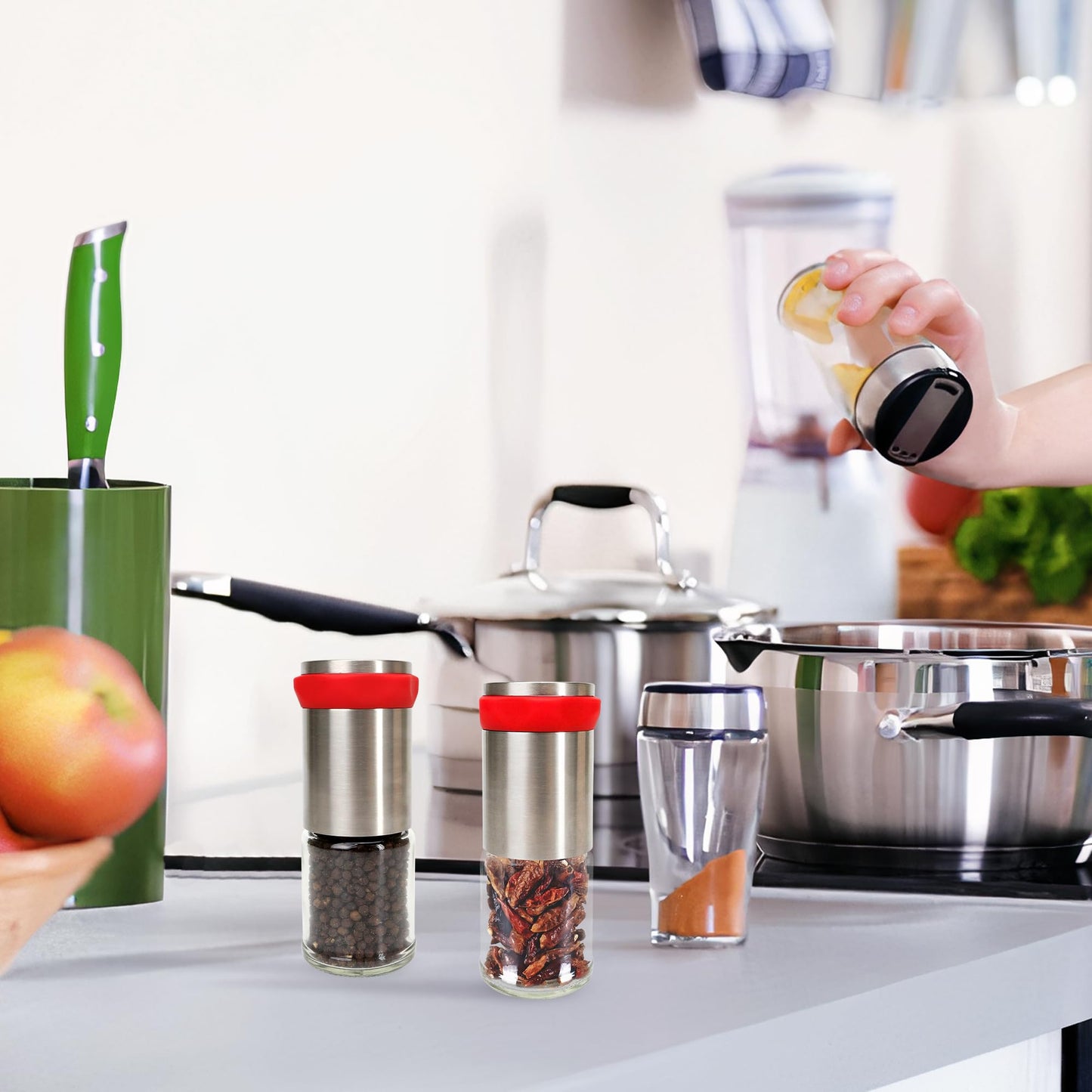 Chili Pepper Mill Grinder, Manual Spice Grinding Mills with Handle for Hot Cumin, Sea Salt or Pepper, Professional Chef Refillable Glass Body, Small 3Oz Capacity, Stainless Steel Blades