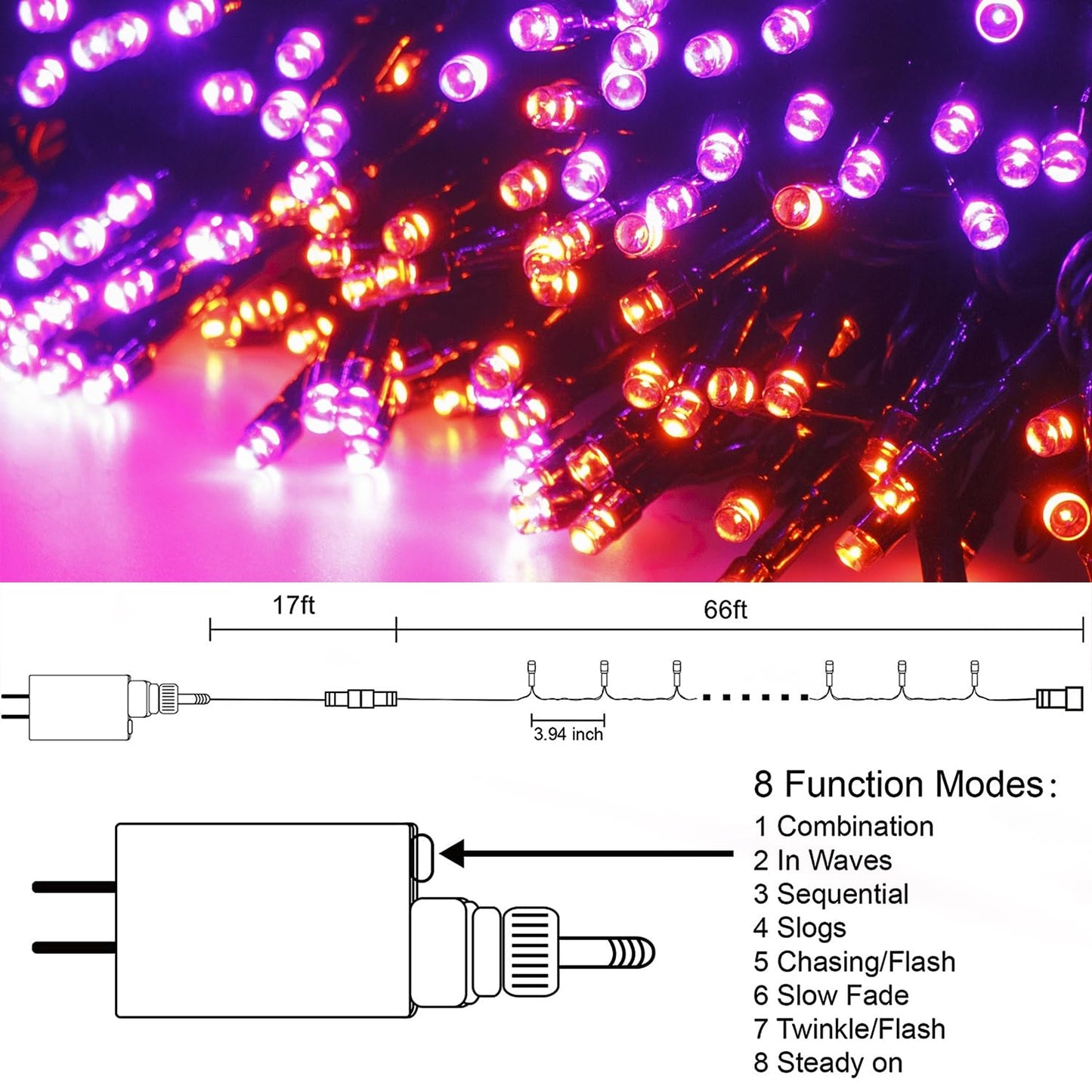 HOME LIGHTING Halloween Lights, 66FT 200 LED Plug in Green Wire String Light, 8 Lighting Modes Waterproof Fairy Mini Lights for Indoor Outdoor Christmas Wedding Party Decorations (Orange & Purple)