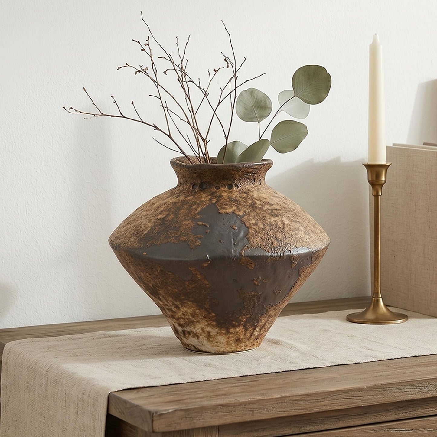 Small Stone Vase for Rustic Home Decor, Farmhouse Antique Pottery Vase Furniture&Table Flower Decorative, Round Terracotta Vases for Living Room Decor, Modern Rustic Concrete Clay Art Vases
