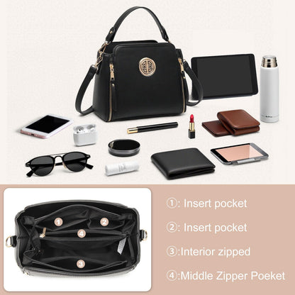 Miss Lulu Handbags for Women Cross Body Bag Girls Fashion Shoulder Bag PU Leather Top Handle (Black)