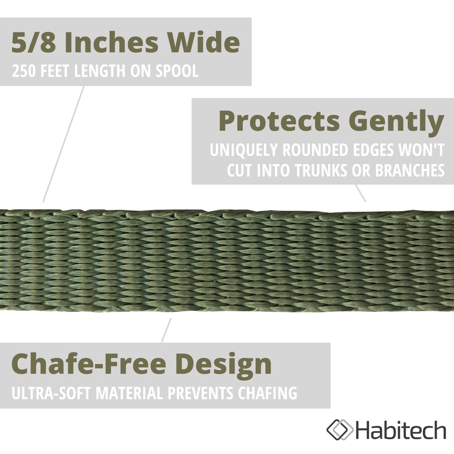 Habitech 250' Tree Tie Strap Staking and Guying Material - Made in USA - 1,800 Lbs Strength, Olive Green