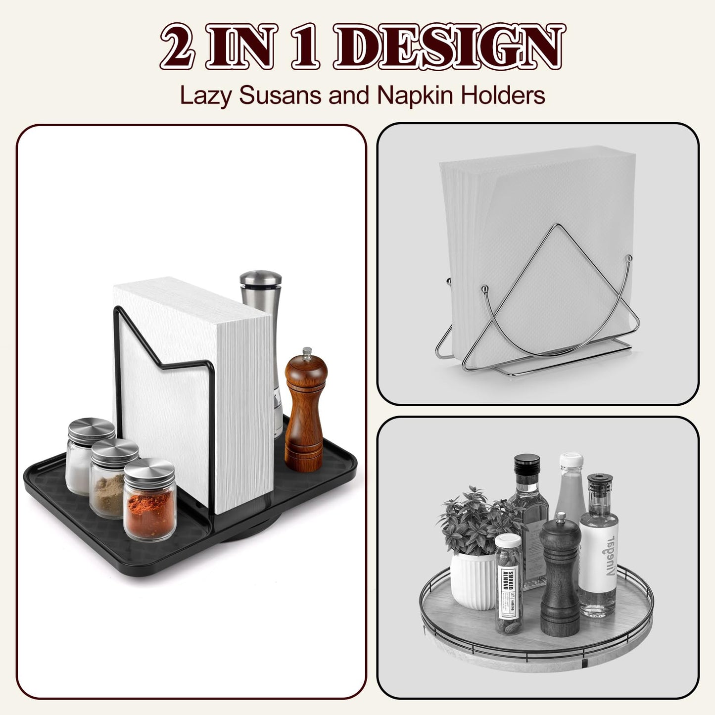 Rotating Napkin Holder for Table, Bamboo Standing Napkin Dispenser with Salt Pepper Shakers Caddy, Black Metal Paper Napkin Holders for Kitchen Dining Table Farmhouse Decor, Shakers Not Included