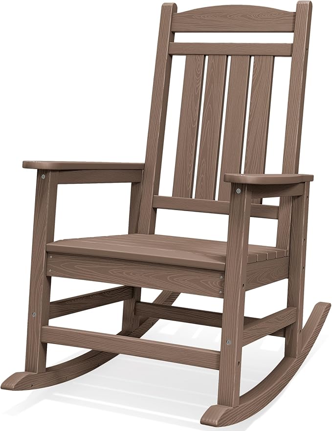 SERWALL HDPE Outdoor Rocking Chair for Adults, Heavy Duty Patio Rocking Chair, All-Weather Oversized Porch Rocker, Brown