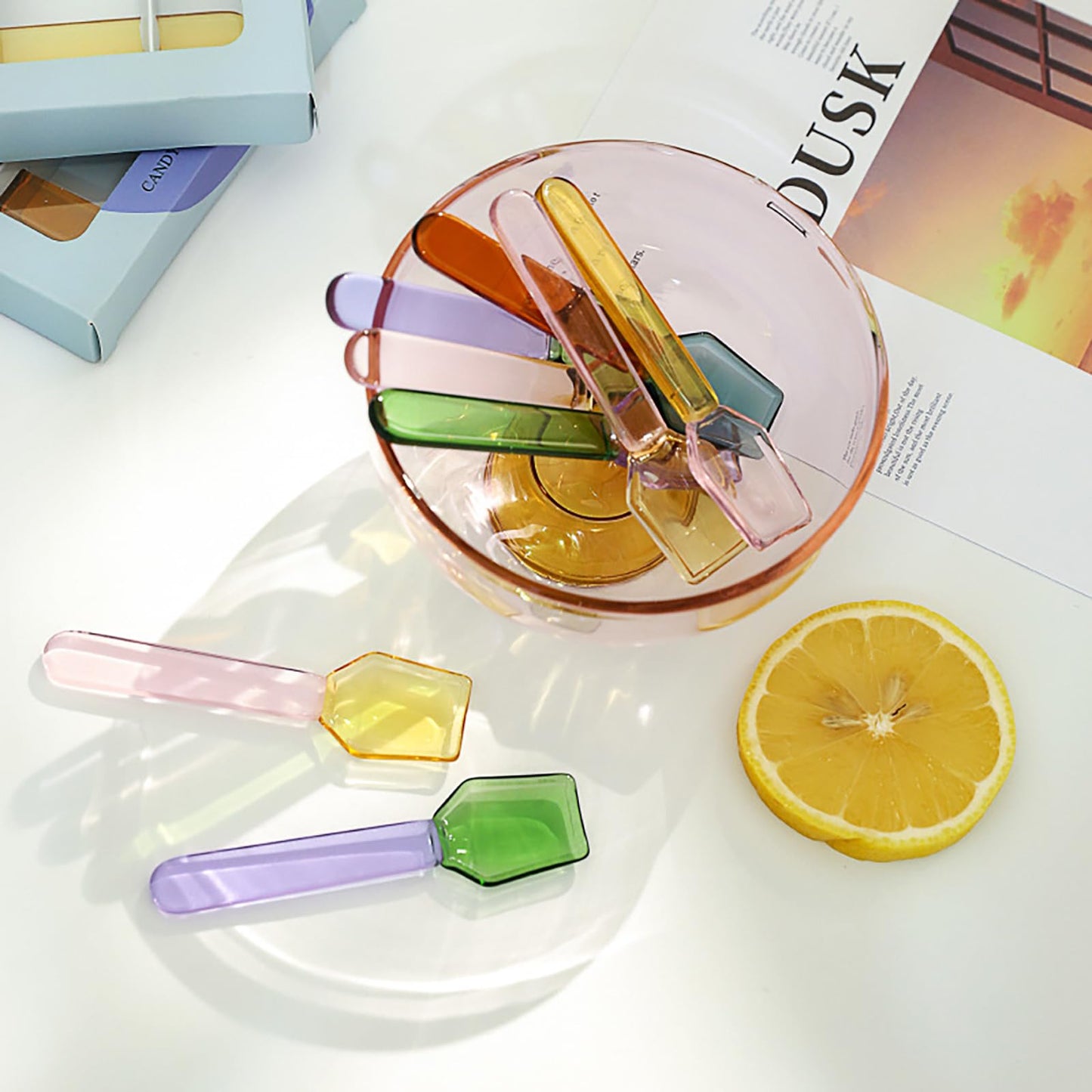 TMXAOK 3 Pieces Colorful Small Glass Spoon, 3.6Inch Clear Crystal Ice Cream Dessert Coffee Stirring Spoon Teaspoon Salt Sugar Seasoning Jam Honey Scoop for Cafe Bar Party (B)