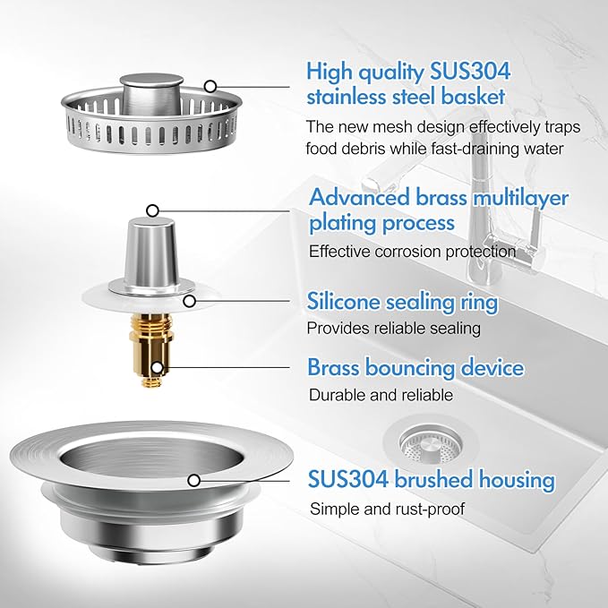 3 in 1 Kitchen Sink Drain Strainer & Sink Stopper, 304 Stainless Steel Pop Up