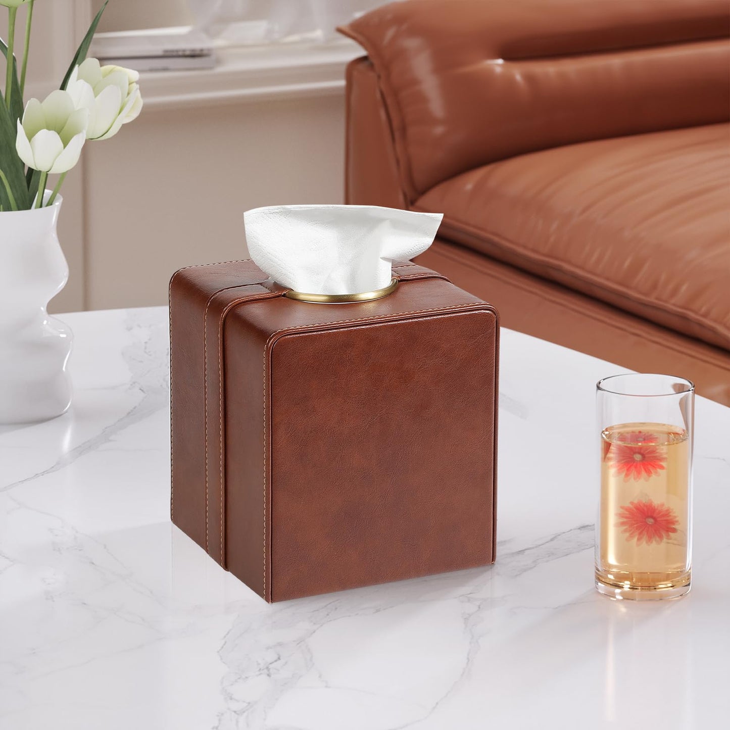 Cretkhp Luxury Square Tissue Box Cover, PU Leather Tissue Box Holder with Magnetic Closure and Gold Decorative Grommets for Bathroom Bedroom, Decorative Elegant Cube Tissue Holder (Brown)