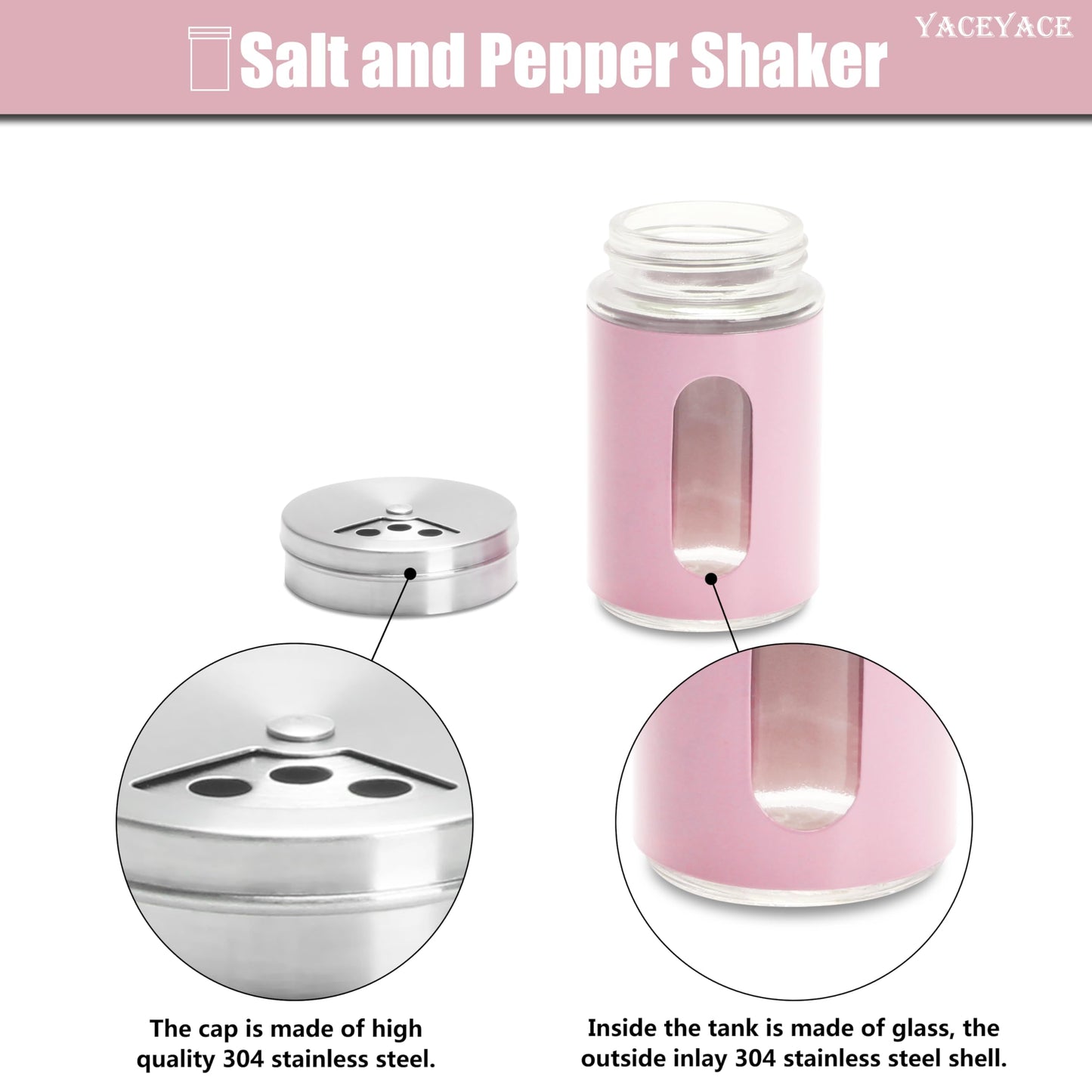 YACEYACE Salt Shakers for Kitchen, 6Pcs Modern Stainless Steel Shaker Set, Salt and Pepper Shakers with Holes, 3oz Pink Powder Sugar Shaker Suster