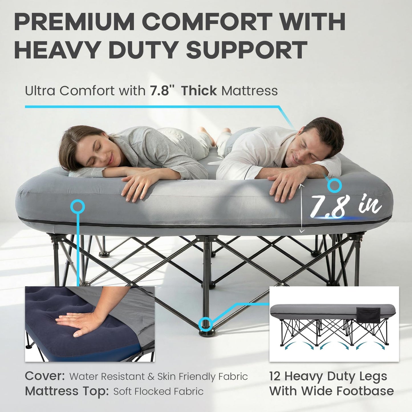 FUNDANGO Queen Camping Cot with Electric Pump, Inflatable Air Mattress Bed with Removable & Washable Cover, Folding Frame, Cup Holders, Carry Bag for Adults, Tent, Guest (80"x60")