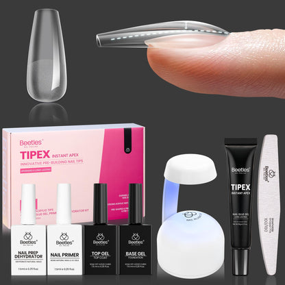 Beetles Tipex Instant Apex Nail Tips Kit, Coffin Long 224Pcs 16 Sizes Pre-Building & Pre-Etched Thicker Acrylic Nails False Nail Extension with Tipex Nail Glue Mini Nail Lamp