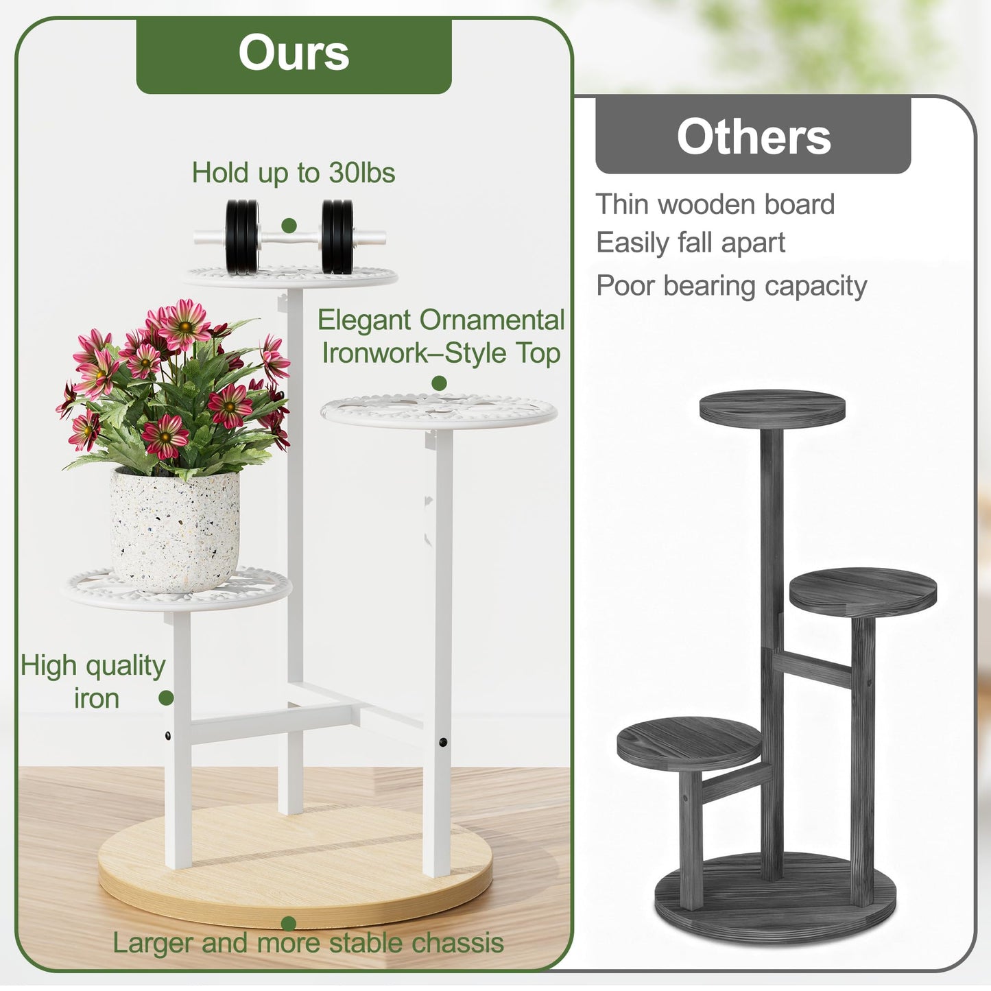 NQW 3 Tier Plant Stand Indoor Outdoor, Tall Metal Wood Shelf Corner Flower Pot Tiered Flower Pot Stands for Patio Garden Balcony Living Room Bedroom