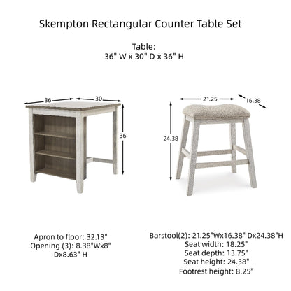 Signature Design by Ashley Skempton 3 Piece Counter Height Dining Set, Includes Table and 2 Barstools, Cushioned Seats, Wood, Whitewash