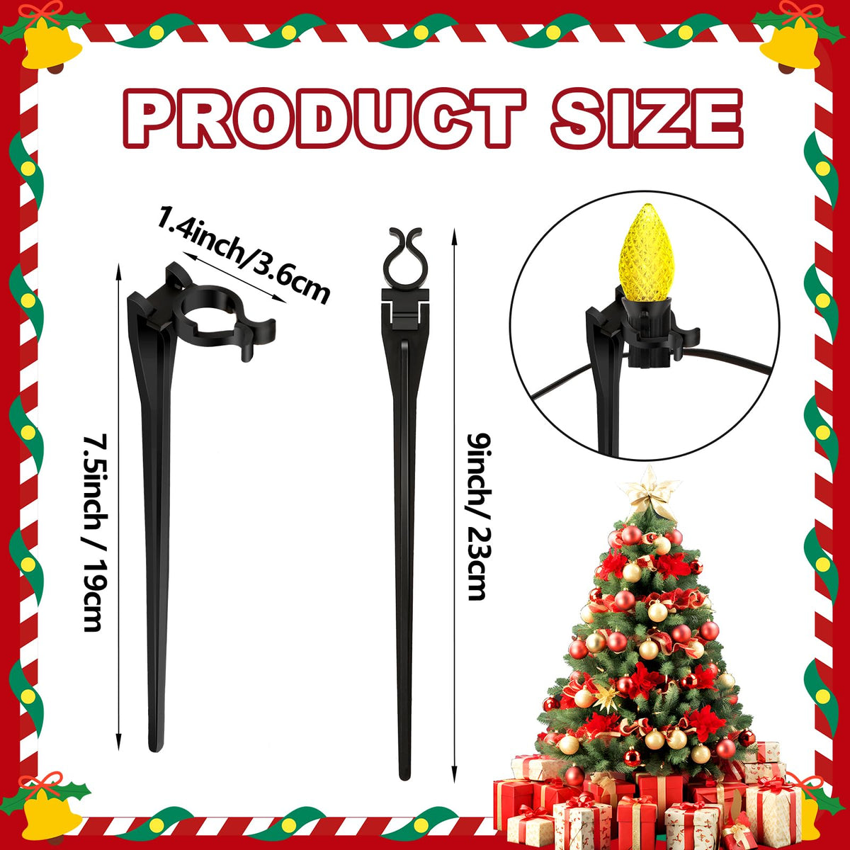 Augshy 100 Pack Christmas Light Stakes, 7.5 inch Yard Lawn Holiday Light Ground Stakes for C7 C9 Outside String Lights Universal Outdoor Light Holders for Christmas Decoration Garden Lawn Path Black