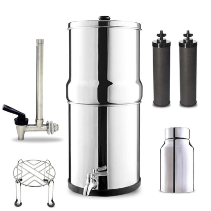Denali Spring-2.25G (8 Liters)- Stainless Steel Gravity-Fed Water Filtration System with 2 Black Filters, SS Tap, POSTreat Filters, Vision Tap and Stainless Steel Stand