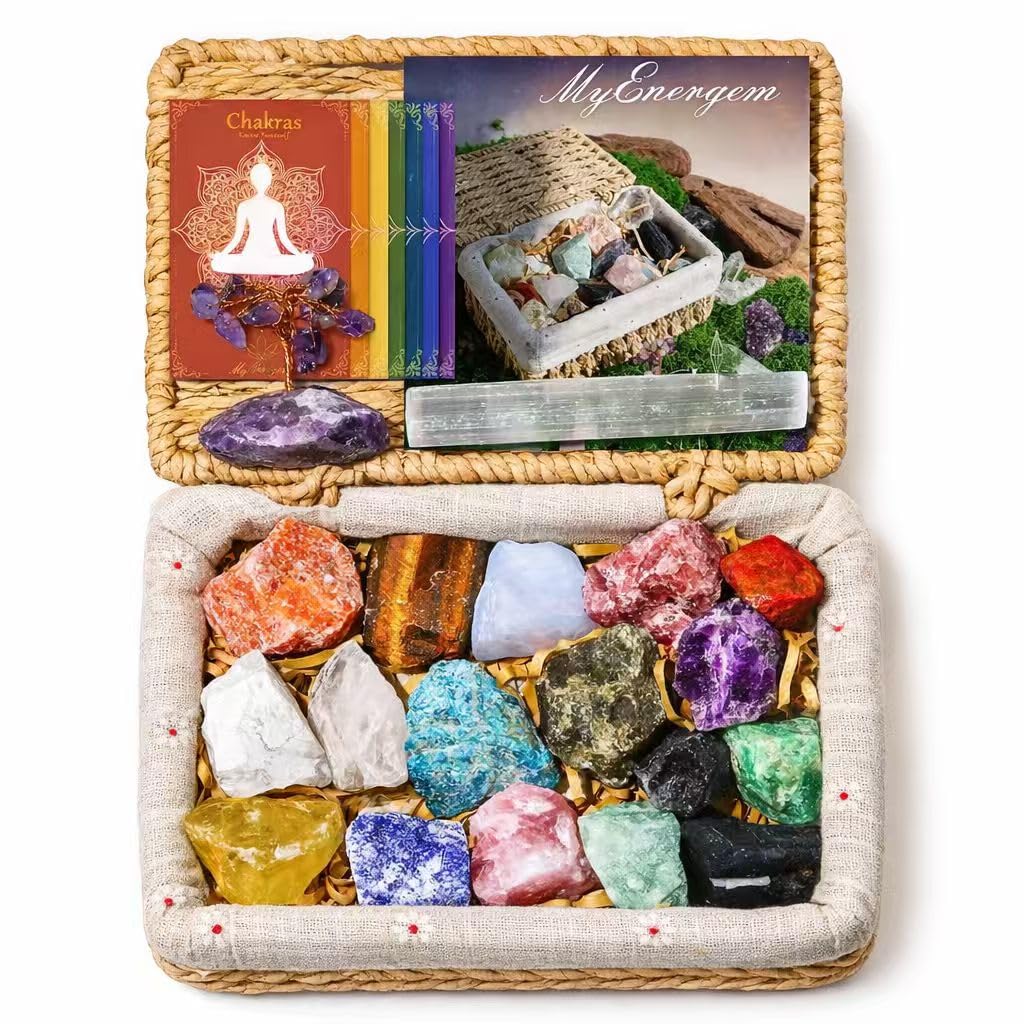 MYDAYS&DESIGN 18Pcs Crystals and Healing Stones Set in Rattan Box, 17 Premium Raw Chakra Stones, 1 Amethyst Tree, Guide for Beginners, Meditation Yoga Home Decor, Healing Crystal Gifts for Women