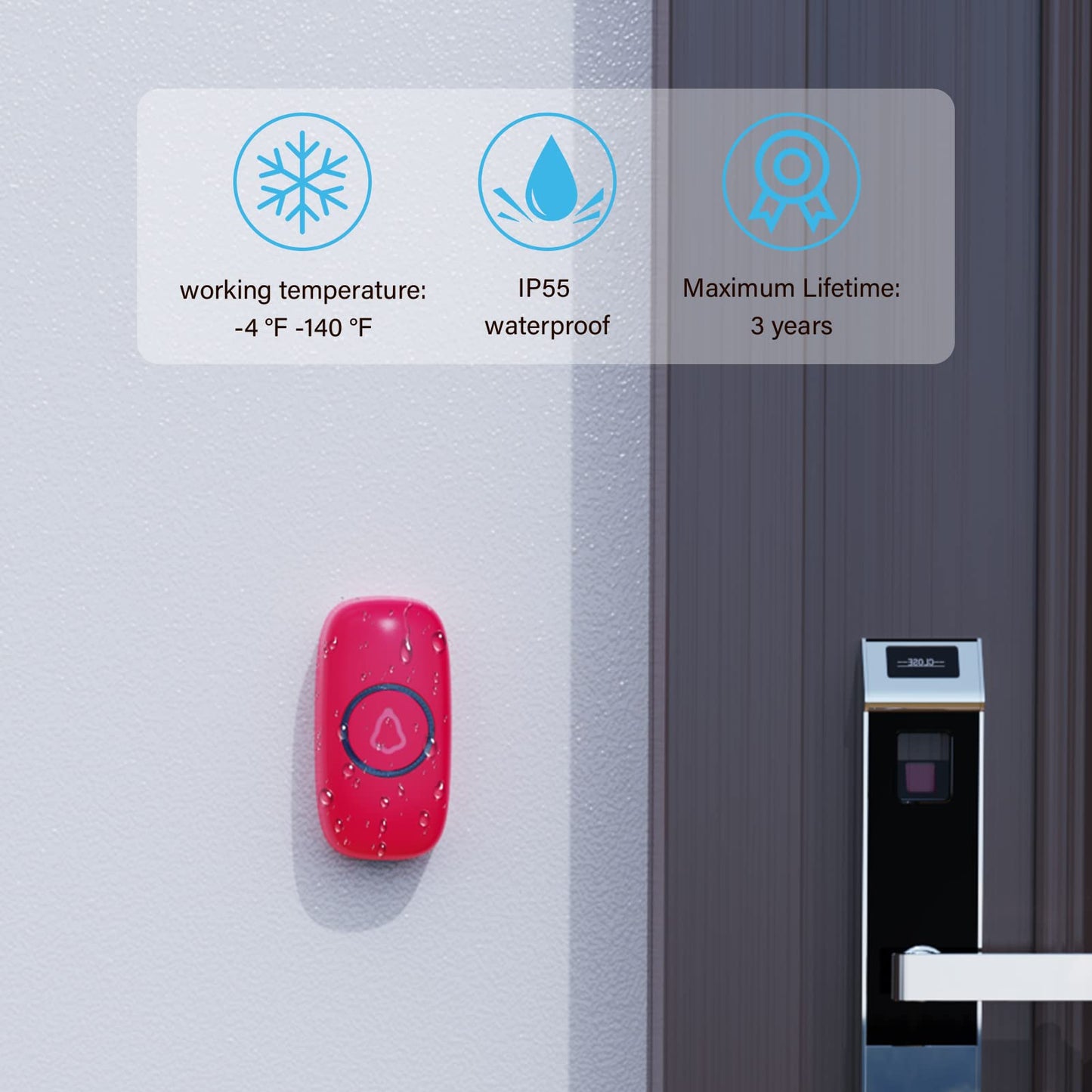 SECRUI Wireless Doorbells for Home, Classrooms, Apartments, Businesses, etc. Easy to Use, Adjustable Volume, 58 Chimes, Colorful LED, Waterproof, 1000Ft Range, M520+F55, Rose Red