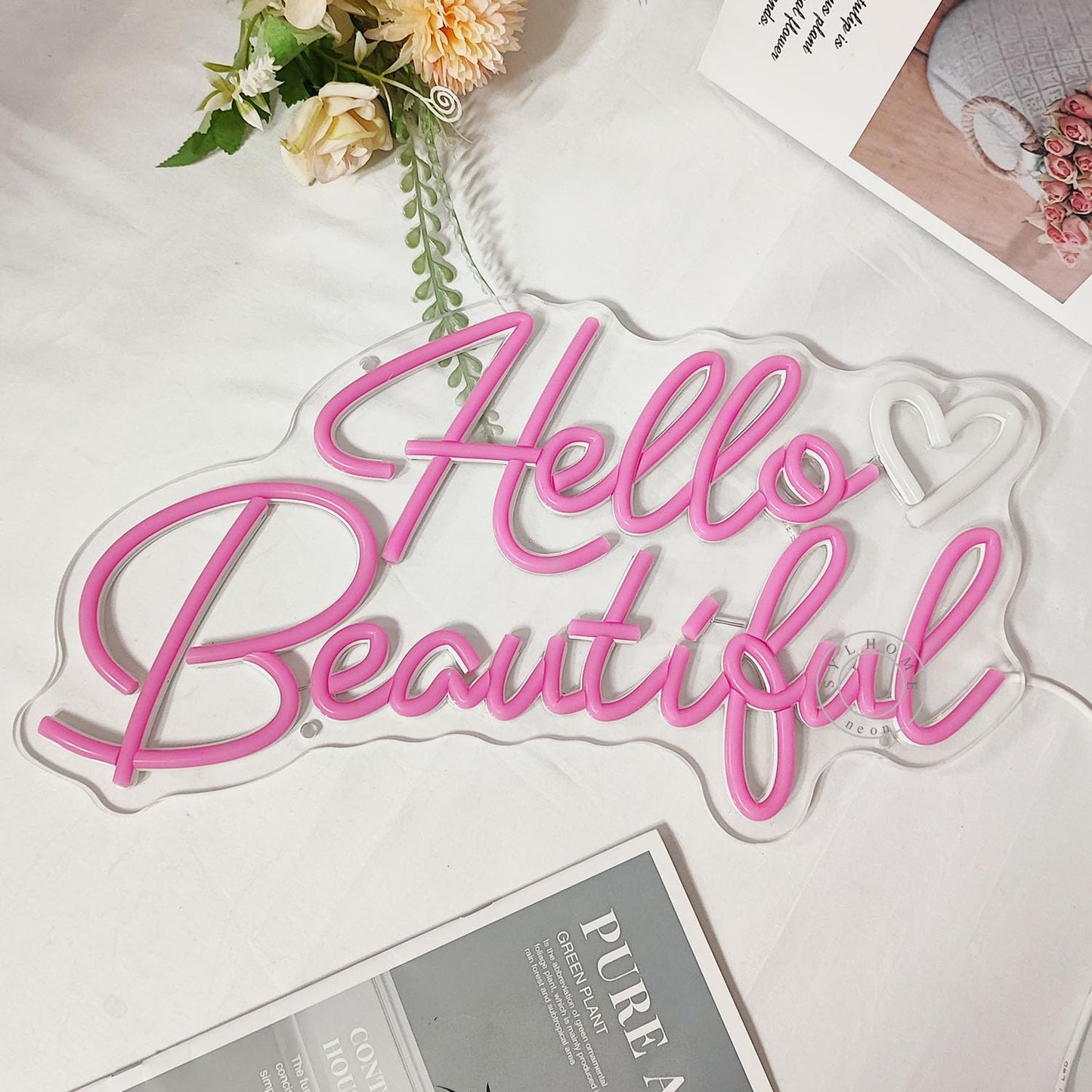 SYLHOME Hello Beautiful Led Neon Light Sign Pink Heart Hello Gorgeous Bedroom Wedding Birthday Party Decor USB Bacelorette Christmas Valentines Day Decoration 15.75"X8.7"