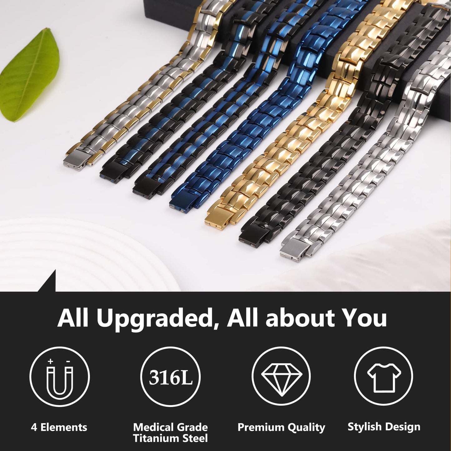 Feraco Mens Magnetic Therapy Bracelets Titanium Steel Bracelet with Double Row 4 Elements Magnets (Gold)