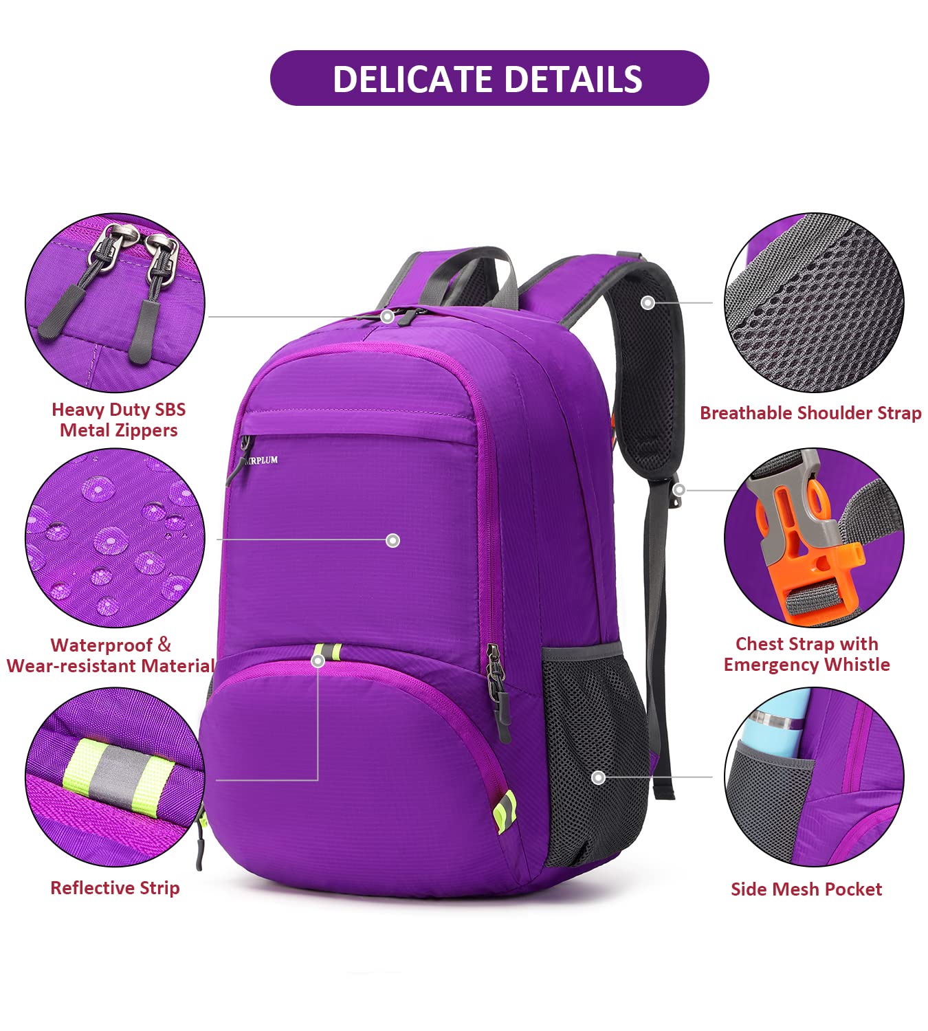 MRPLUM 30L Rucksack Foldable Ultralight Packable Backpack, Unisex Durable Handy Daypack for Travel & Outdoor Sports Durable & Waterproof (Purple)