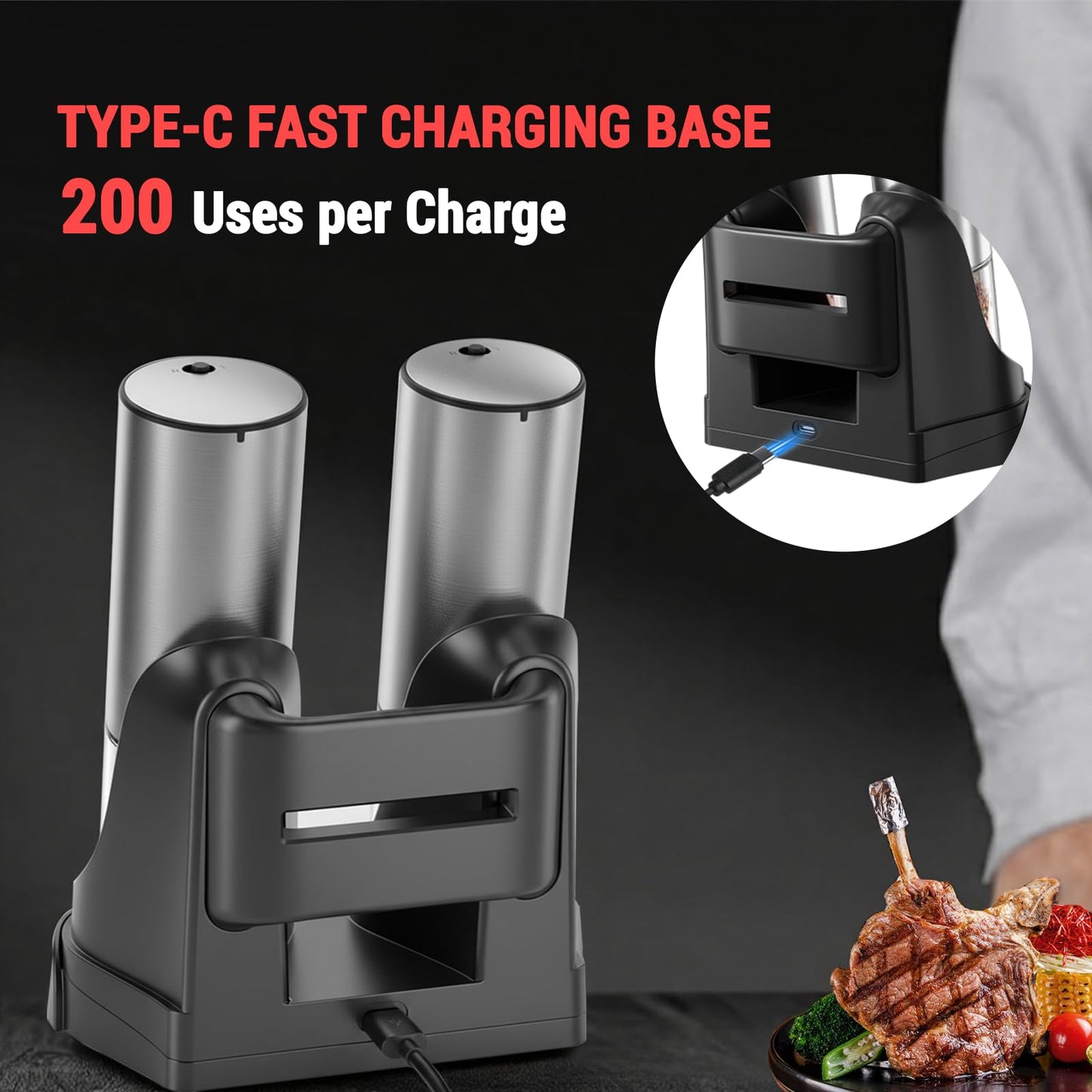 Electric Salt and Pepper Grinder Set with External Coarseness Adjustment, 95ml Large Capacity Automatic Pepper Mill, USB-C Charging Base with LED Light, Stainless Steel Spice Grinder, 2-Piece Set